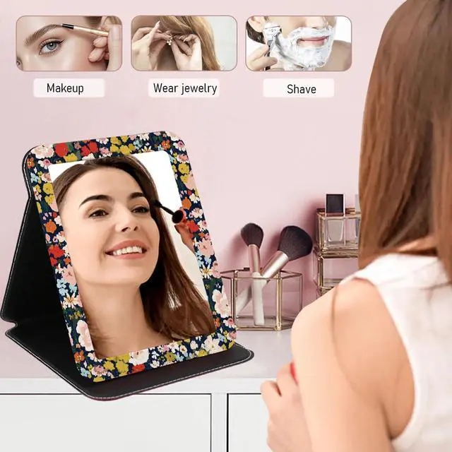 Alt view image 5 of 7 - Portable Travel Mirror PU Portable Foldable Adjustable Rectangular Ultrathin Vanity Mirror with Stand, Makeup Mrror for for Purses Hand, Bag, Travel, Camping, Home, Office