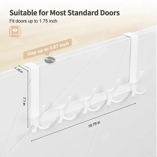 Alt view image 2 of 7 - Door Hanger Hook, Over The Door Hooks for Hanging, Over The Door Towel Racks for Bathroom (1Pack, White, Fit 1-3/4" Doors)