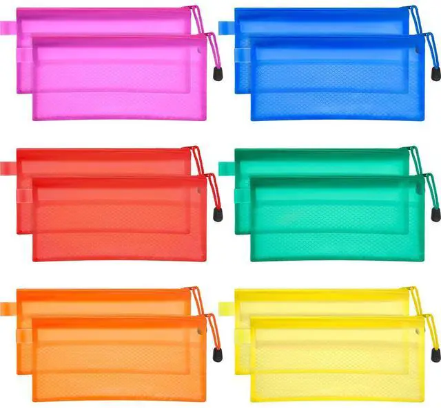 Main image of 12 Pcs Mesh Zipper Pouch Bags Pencil Pouch Zipper File Bags Waterproof Plastic Double Layer for Pen Cosmetics Office Supplies Travel Accessories 6 Colors