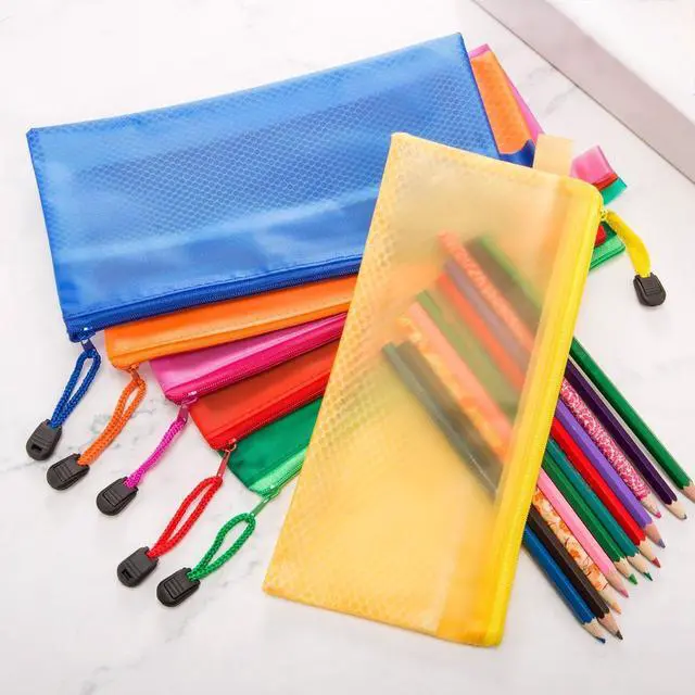 Alt view image 5 of 7 - 12 Pcs Mesh Zipper Pouch Bags Pencil Pouch Zipper File Bags Waterproof Plastic Double Layer for Pen Cosmetics Office Supplies Travel Accessories 6 Colors