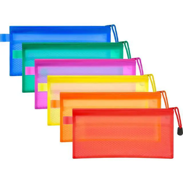 Alt view image 2 of 7 - 12 Pcs Mesh Zipper Pouch Bags Pencil Pouch Zipper File Bags Waterproof Plastic Double Layer for Pen Cosmetics Office Supplies Travel Accessories 6 Colors
