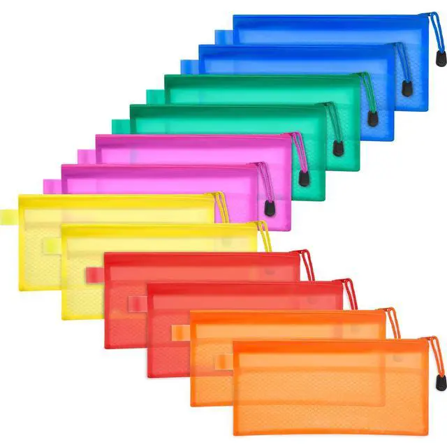 Alt view image 7 of 7 - 12 Pcs Mesh Zipper Pouch Bags Pencil Pouch Zipper File Bags Waterproof Plastic Double Layer for Pen Cosmetics Office Supplies Travel Accessories 6 Colors