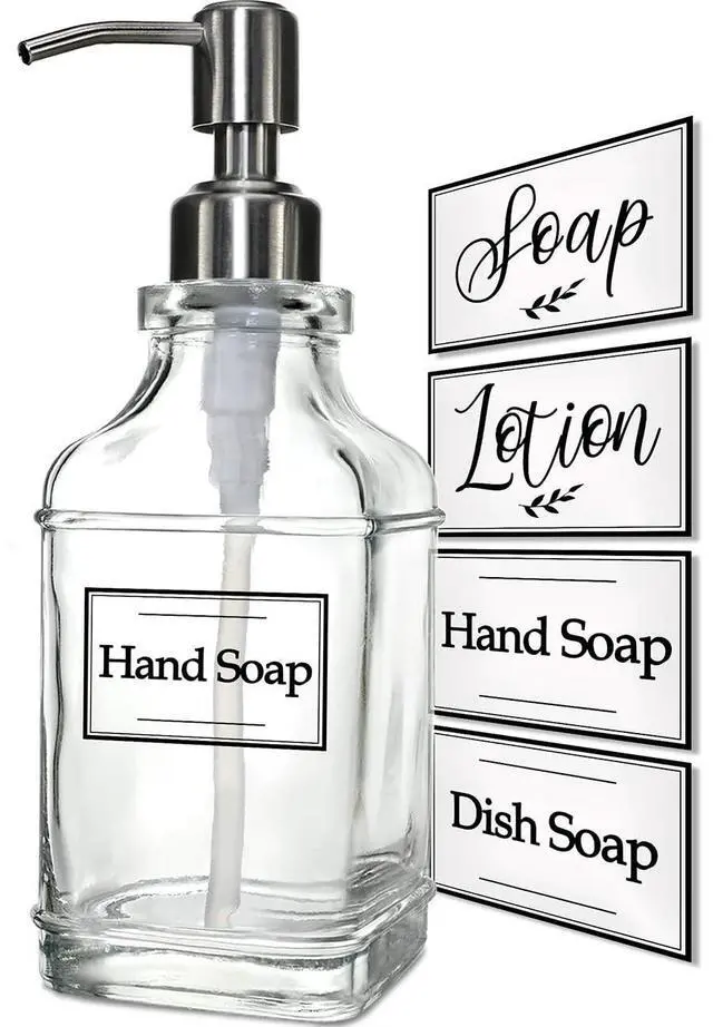Main image of Antique Design Soap Dispenser with Rust Proof 304 Stainless Steel Pump, Refillable Glass Soap Dispenser with 10Pcs Clear Stickers, Premium Kitchen & Bathroom Soap Dispenser