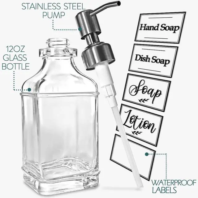 Alt view image 2 of 7 - Antique Design Soap Dispenser with Rust Proof 304 Stainless Steel Pump, Refillable Glass Soap Dispenser with 10Pcs Clear Stickers, Premium Kitchen & Bathroom Soap Dispenser