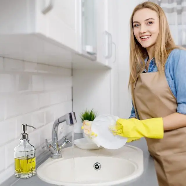 Alt view image 3 of 7 - Antique Design Soap Dispenser with Rust Proof 304 Stainless Steel Pump, Refillable Glass Soap Dispenser with 10Pcs Clear Stickers, Premium Kitchen & Bathroom Soap Dispenser