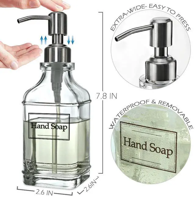 Alt view image 5 of 7 - Antique Design Soap Dispenser with Rust Proof 304 Stainless Steel Pump, Refillable Glass Soap Dispenser with 10Pcs Clear Stickers, Premium Kitchen & Bathroom Soap Dispenser