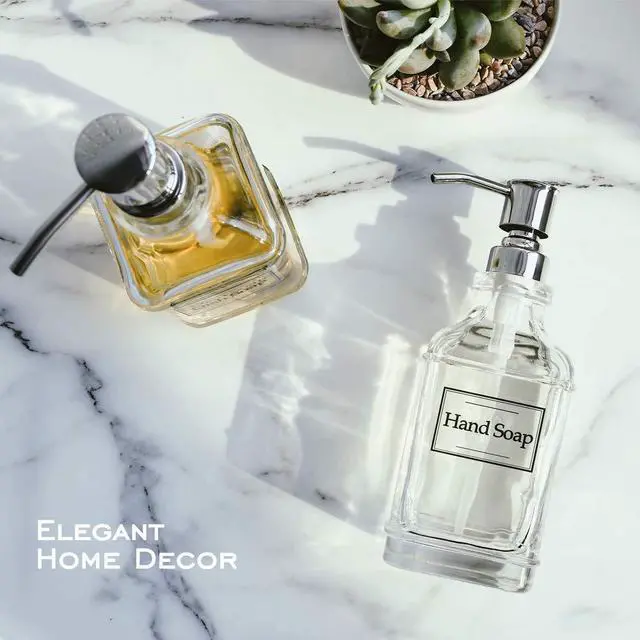 Alt view image 6 of 7 - Antique Design Soap Dispenser with Rust Proof 304 Stainless Steel Pump, Refillable Glass Soap Dispenser with 10Pcs Clear Stickers, Premium Kitchen & Bathroom Soap Dispenser