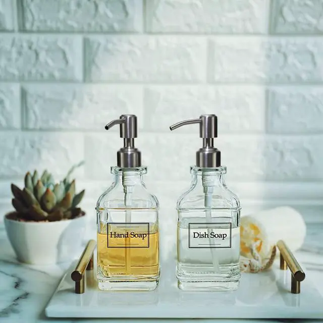 Alt view image 7 of 7 - Antique Design Soap Dispenser with Rust Proof 304 Stainless Steel Pump, Refillable Glass Soap Dispenser with 10Pcs Clear Stickers, Premium Kitchen & Bathroom Soap Dispenser