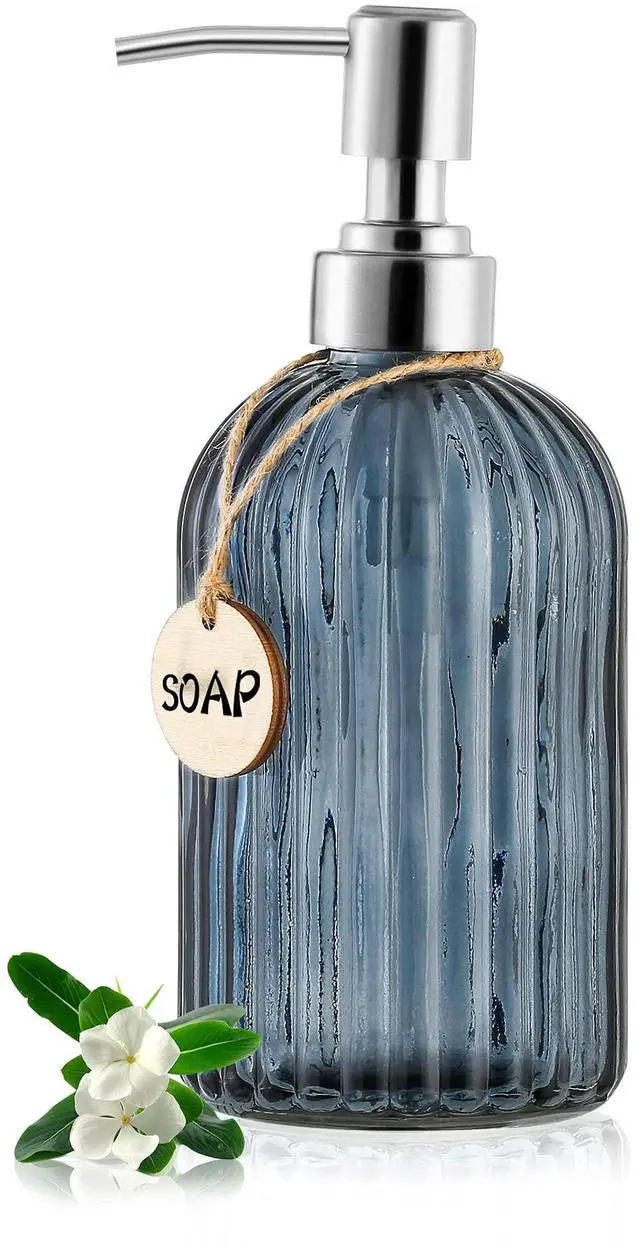 Main image of 16 OZ Soap DispenserTempered Glass Clear Vertical Stripe with 304 Rust Proof Stainless Steel Pump Refillable Liquid Hand Soap Dispenserfor Bathroom, Kitchen, Dish SoapLotion (Blue Grey)
