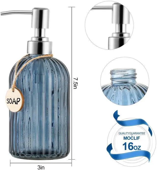 Alt view image 2 of 6 - 16 OZ Soap DispenserTempered Glass Clear Vertical Stripe with 304 Rust Proof Stainless Steel Pump Refillable Liquid Hand Soap Dispenserfor Bathroom, Kitchen, Dish SoapLotion (Blue Grey)