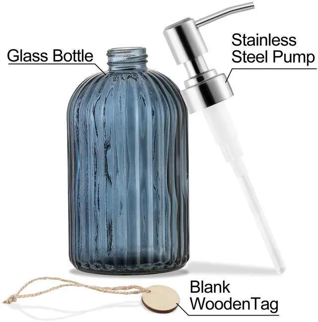 Alt view image 3 of 6 - 16 OZ Soap DispenserTempered Glass Clear Vertical Stripe with 304 Rust Proof Stainless Steel Pump Refillable Liquid Hand Soap Dispenserfor Bathroom, Kitchen, Dish SoapLotion (Blue Grey)