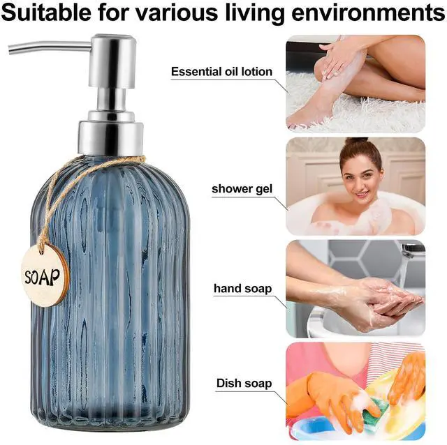 Alt view image 4 of 6 - 16 OZ Soap DispenserTempered Glass Clear Vertical Stripe with 304 Rust Proof Stainless Steel Pump Refillable Liquid Hand Soap Dispenserfor Bathroom, Kitchen, Dish SoapLotion (Blue Grey)
