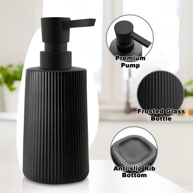 Alt view image 3 of 6 - 2 Pack Glass Small Soap Dispenser for Bathroom and Kitchen 250ml/8.5oz Dish Soap Dispenser Modern Farmhouse Striped Style Hand Soap Dish Soap Dispenser with Pump (Black)