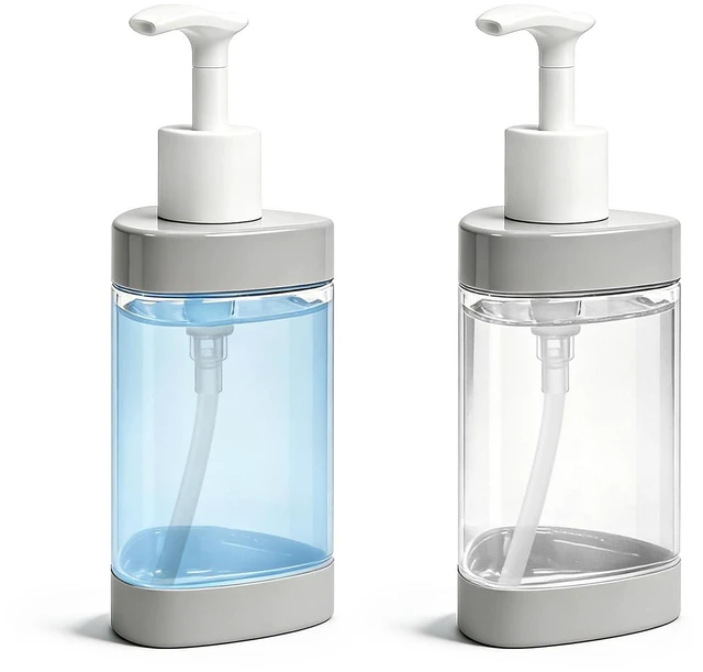 Main image of Plastic Hand Soap Dispenser 2 Pack, 13.5 oz Clear Refillable Dish Soap Pump Dispenser, Stylish Triangle Design for Bathroom Kitchen Countertop (Gray)