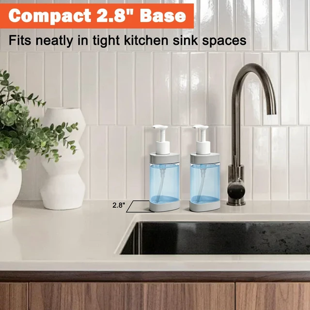 Alt view image 5 of 7 - Plastic Hand Soap Dispenser 2 Pack, 13.5 oz Clear Refillable Dish Soap Pump Dispenser, Stylish Triangle Design for Bathroom Kitchen Countertop (Gray)
