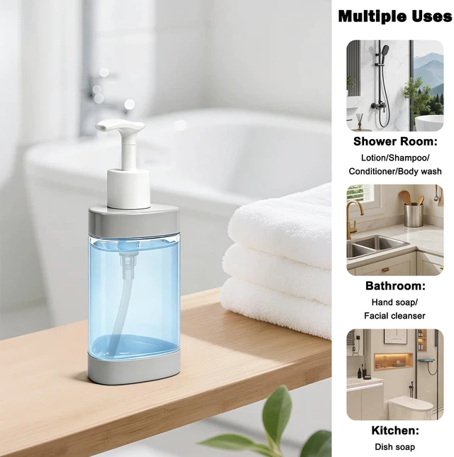 Alt view image 4 of 7 - Plastic Hand Soap Dispenser 2 Pack, 13.5 oz Clear Refillable Dish Soap Pump Dispenser, Stylish Triangle Design for Bathroom Kitchen Countertop (Gray)