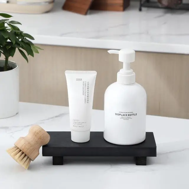 Alt view image 3 of 7 - Bathroom Counter Organizer Wood Pedestal Stand Farmhouse Decorative Tray Soap Holder for Kitchen Decor, Small, Black