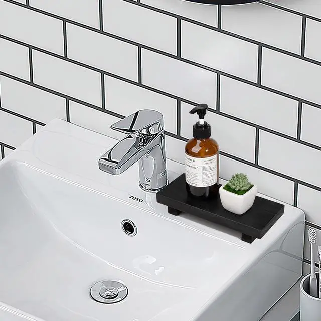 Alt view image 5 of 7 - Bathroom Counter Organizer Wood Pedestal Stand Farmhouse Decorative Tray Soap Holder for Kitchen Decor, Small, Black