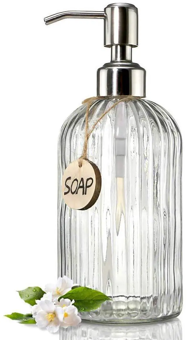 Main image of 18 Oz Clear Glass Soap Dispenser with Rust Proof Stainless Steel Pump, Refillable Liquid Hand soap Dispenser for Bathroom, Premium Kitchen Soap Dispenser (Clear).