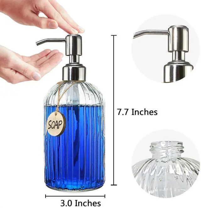 Alt view image 5 of 7 - 18 Oz Clear Glass Soap Dispenser with Rust Proof Stainless Steel Pump, Refillable Liquid Hand soap Dispenser for Bathroom, Premium Kitchen Soap Dispenser (Clear).