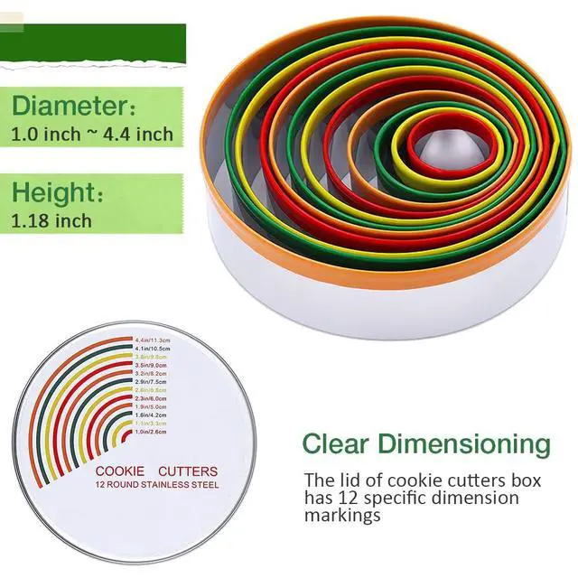 Alt view image 2 of 7 - Round Cookie Biscuit Cutter Set, 12 Pack Pastry Cutters in Graduated Sizes for Donut, Dough, Fondant, Clay, Stainless Steel Circle Cutter Cake Ring Molds with Colorful Rubber Coating
