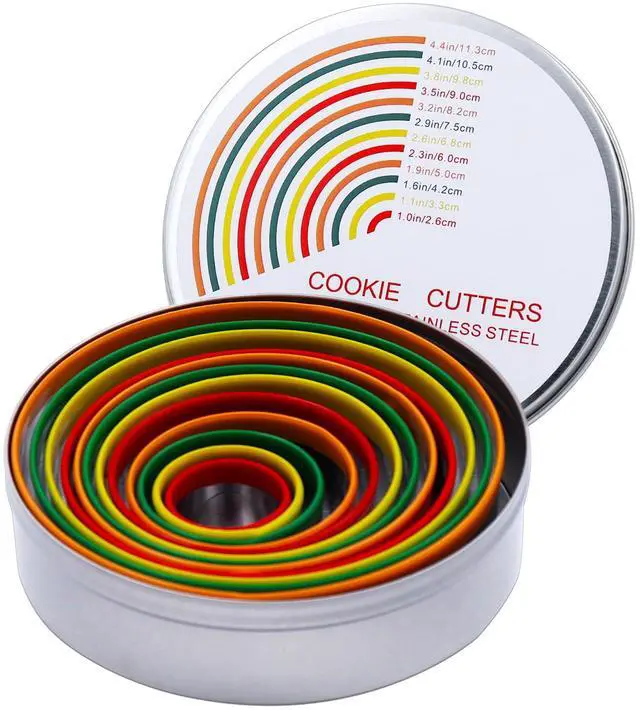 Main image of Round Cookie Biscuit Cutter Set, 12 Pack Pastry Cutters in Graduated Sizes for Donut, Dough, Fondant, Clay, Stainless Steel Circle Cutter Cake Ring Molds with Colorful Rubber Coating