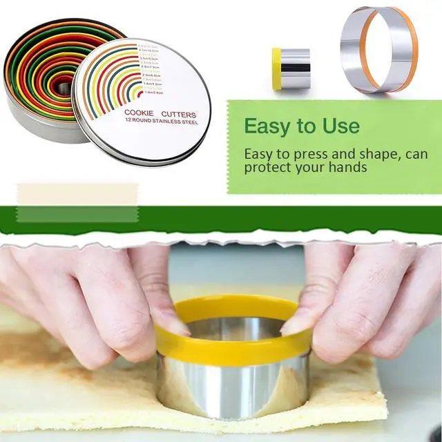 Alt view image 5 of 7 - Round Cookie Biscuit Cutter Set, 12 Pack Pastry Cutters in Graduated Sizes for Donut, Dough, Fondant, Clay, Stainless Steel Circle Cutter Cake Ring Molds with Colorful Rubber Coating