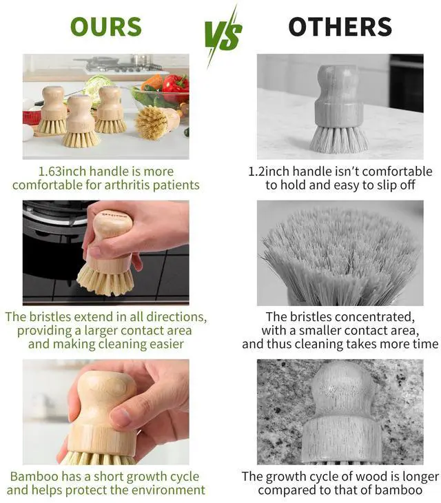 Alt view image 3 of 7 - 4 Pack Bamboo Dish Brush, Dish Scrubber Brush with Sisal Bristle, Natural Scrub Brush for Kitchen Cleaning Dishes, Pots, Pans, Bottles, Vegetables