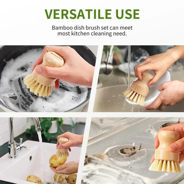 Alt view image 5 of 7 - 4 Pack Bamboo Dish Brush, Dish Scrubber Brush with Sisal Bristle, Natural Scrub Brush for Kitchen Cleaning Dishes, Pots, Pans, Bottles, Vegetables