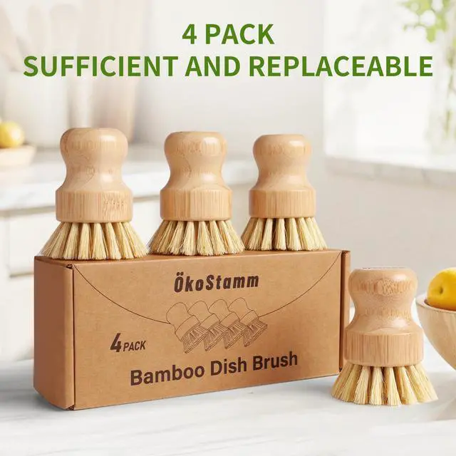 Alt view image 6 of 7 - 4 Pack Bamboo Dish Brush, Dish Scrubber Brush with Sisal Bristle, Natural Scrub Brush for Kitchen Cleaning Dishes, Pots, Pans, Bottles, Vegetables