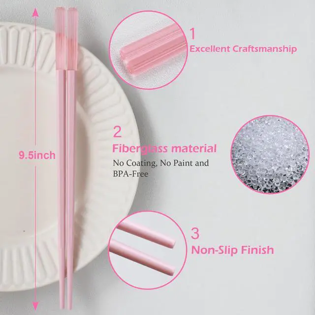 Alt view image 3 of 7 - Reusable Dishwasher Safe, GLAMFIELDS 10 Pairs 9.5 Inches Premium Fiberglass Chop Sticks Set for Sushi, Ramen, Asian Cuisine, Non-slip, Pink