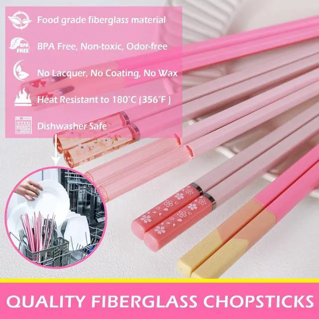 Alt view image 4 of 7 - Reusable Dishwasher Safe, GLAMFIELDS 10 Pairs 9.5 Inches Premium Fiberglass Chop Sticks Set for Sushi, Ramen, Asian Cuisine, Non-slip, Pink