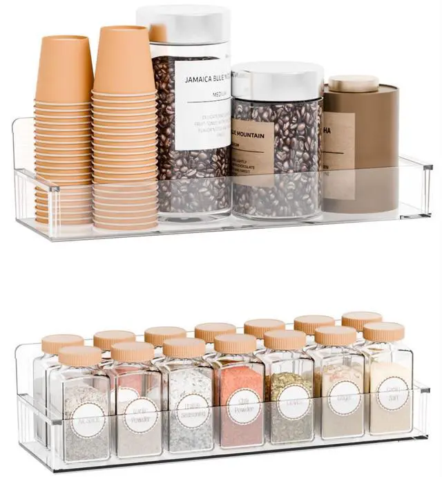 Main image of 2 Pack Acrylic Spice Shelf and Hanging Spice Rack Wall Mount with Adhesive for Inside Cabinets Door,Pantry Door,Kitchen and Rv,Narrow Stick on Spice Organization for Seasoning,Jar,Can Shelf