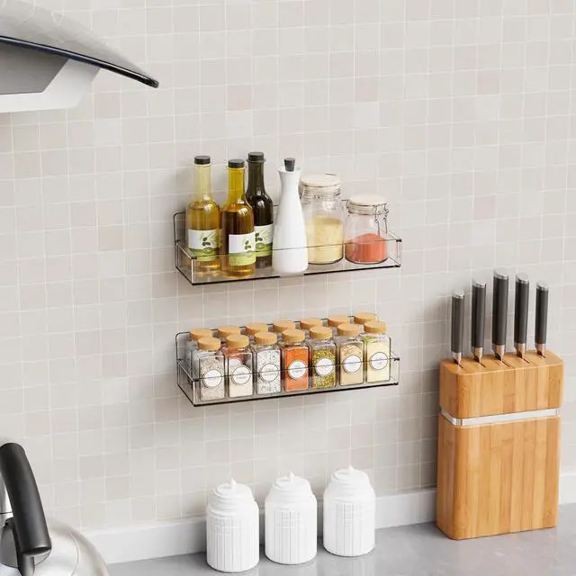 Alt view image 2 of 7 - 2 Pack Acrylic Spice Shelf and Hanging Spice Rack Wall Mount with Adhesive for Inside Cabinets Door,Pantry Door,Kitchen and Rv,Narrow Stick on Spice Organization for Seasoning,Jar,Can Shelf