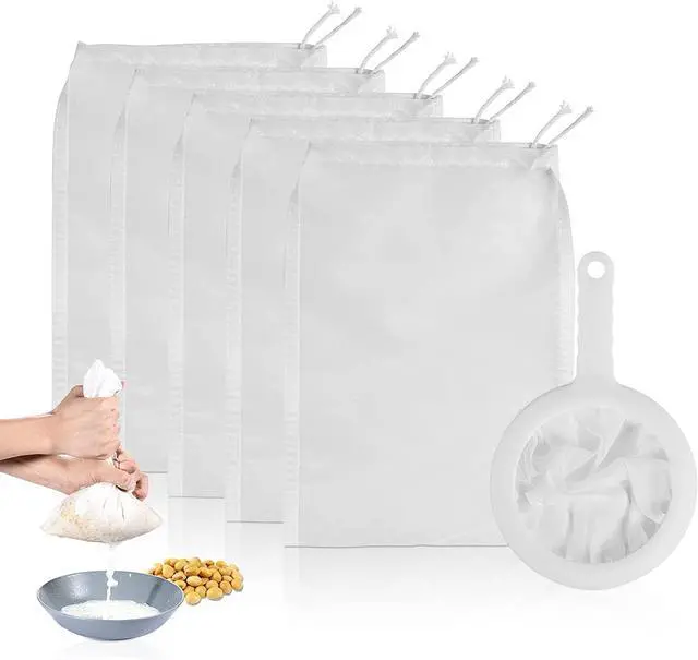 Main image of 6 Pack - 200 Mesh Fine Mesh Strainer & Nut Milk Bags, Reusable Food Strainer - Food Grade BPA-Free - Ultra Strong Fine Nylon Mesh - Nutmilk, Juices, Cold Brew, Tea Coffee, Juice Soy