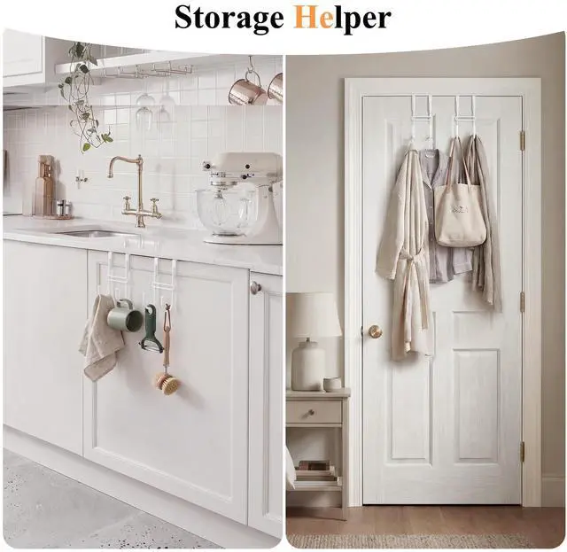 Alt view image 2 of 7 - 2 PCS Over the Door Hooks, Heavy Duty Double Hanger with Non-Slip Pads, No-Drill Metal Hook for Hanging Coats Towels Robes Closet Bathroom Bedroom, Fits 1.5 Inch Door Thickness, 5.12" Long, White