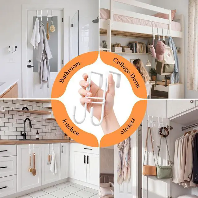 Alt view image 5 of 7 - 2 PCS Over the Door Hooks, Heavy Duty Double Hanger with Non-Slip Pads, No-Drill Metal Hook for Hanging Coats Towels Robes Closet Bathroom Bedroom, Fits 1.5 Inch Door Thickness, 5.12" Long, White