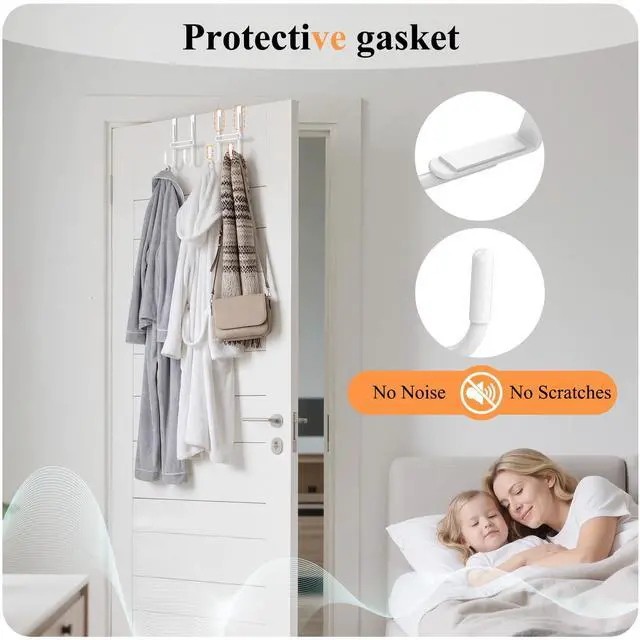 Alt view image 3 of 7 - 2 PCS Over the Door Hooks, Heavy Duty Double Hanger with Non-Slip Pads, No-Drill Metal Hook for Hanging Coats Towels Robes Closet Bathroom Bedroom, Fits 1.5 Inch Door Thickness, 5.12" Long, White
