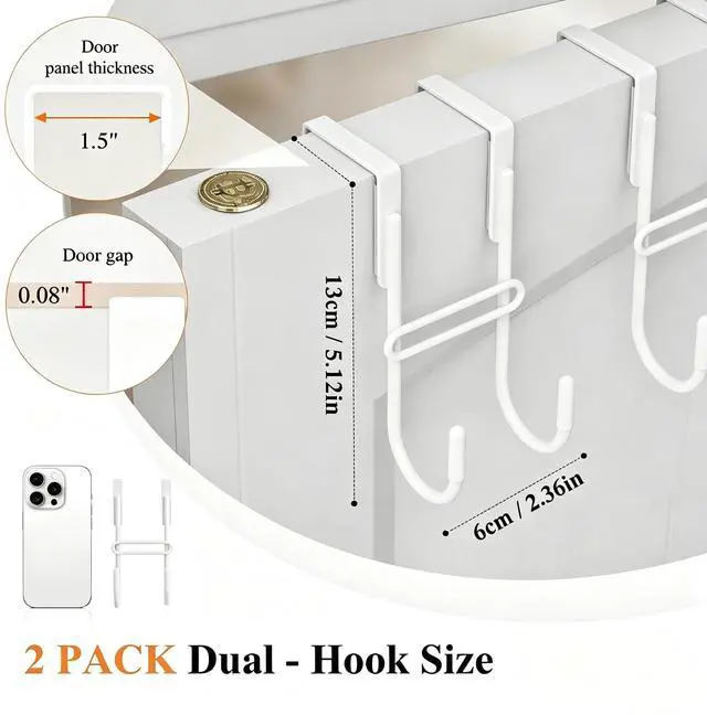 Alt view image 4 of 7 - 2 PCS Over the Door Hooks, Heavy Duty Double Hanger with Non-Slip Pads, No-Drill Metal Hook for Hanging Coats Towels Robes Closet Bathroom Bedroom, Fits 1.5 Inch Door Thickness, 5.12" Long, White