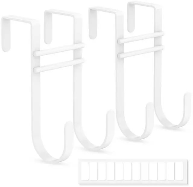Main image of Over the Door Hooks, No Assembly Required 2 PCS Double Hanger Heavy Duty Metal Towel Rack with Soft Pads, Organizer for Coat, Bag, Robe-Fits Bathroom, Closet Dorm Up to 1 1/2", 5.12" Long, White