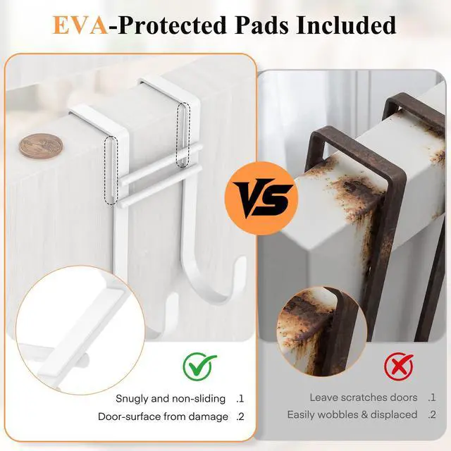 Alt view image 2 of 7 - Over the Door Hooks, No Assembly Required 2 PCS Double Hanger Heavy Duty Metal Towel Rack with Soft Pads, Organizer for Coat, Bag, Robe-Fits Bathroom, Closet Dorm Up to 1 1/2", 5.12" Long, White