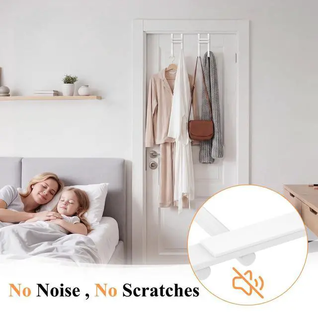 Alt view image 3 of 7 - Over the Door Hooks, No Assembly Required 2 PCS Double Hanger Heavy Duty Metal Towel Rack with Soft Pads, Organizer for Coat, Bag, Robe-Fits Bathroom, Closet Dorm Up to 1 1/2", 5.12" Long, White