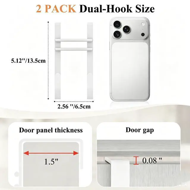 Alt view image 4 of 7 - Over the Door Hooks, No Assembly Required 2 PCS Double Hanger Heavy Duty Metal Towel Rack with Soft Pads, Organizer for Coat, Bag, Robe-Fits Bathroom, Closet Dorm Up to 1 1/2", 5.12" Long, White