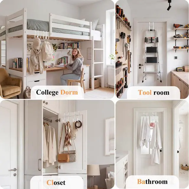 Alt view image 6 of 7 - Over the Door Hooks, No Assembly Required 2 PCS Double Hanger Heavy Duty Metal Towel Rack with Soft Pads, Organizer for Coat, Bag, Robe-Fits Bathroom, Closet Dorm Up to 1 1/2", 5.12" Long, White