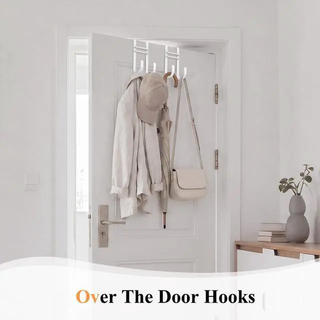 Alt view image 7 of 7 - Over the Door Hooks, No Assembly Required 2 PCS Double Hanger Heavy Duty Metal Towel Rack with Soft Pads, Organizer for Coat, Bag, Robe-Fits Bathroom, Closet Dorm Up to 1 1/2", 5.12" Long, White