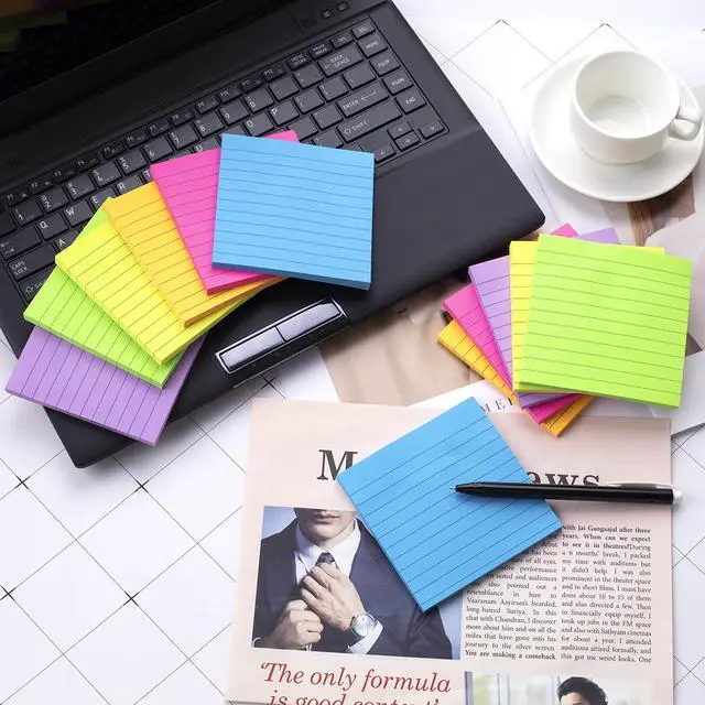 Alt view image 3 of 6 - (12 Pads) Lined Sticky Notes 4x4 in, 6 Bright Colors Self-Stick Note Pads, Strong Adhesive, 47 Sheets/Pad