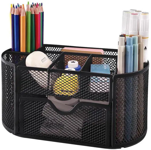 Main image of Desk Organizers and Accessories with Pencil Pen Holder Supply 8 Compartments and 1 Pullout Drawer for Home, School, and Office. (Black)