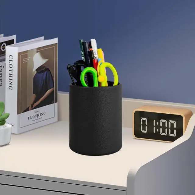 Alt view image 2 of 7 - Black Pen Holder, Leather Pencil Holder, Simple pen cup, Elegant pen holder for desk, Desktop pencil cup, Stationery Organizer for Office School Home Dorm (Black)
