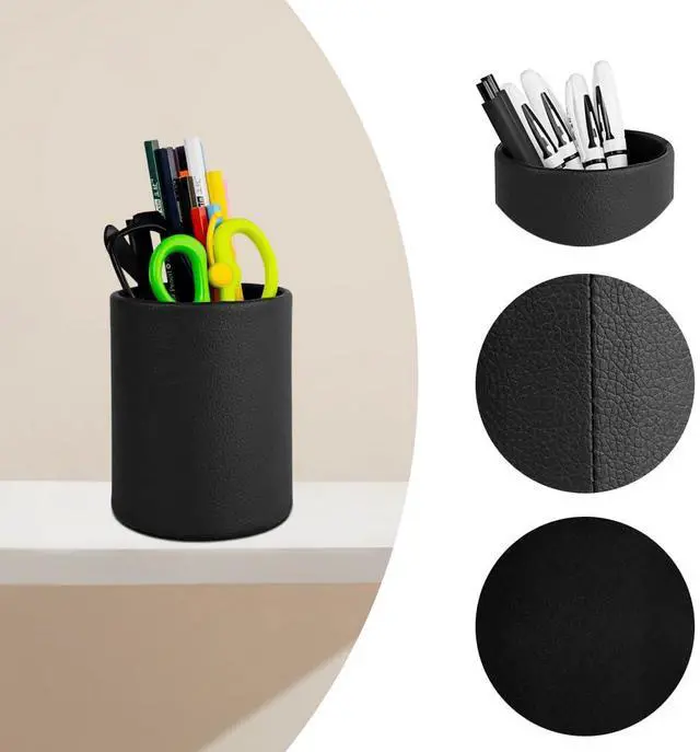 Alt view image 3 of 7 - Black Pen Holder, Leather Pencil Holder, Simple pen cup, Elegant pen holder for desk, Desktop pencil cup, Stationery Organizer for Office School Home Dorm (Black)