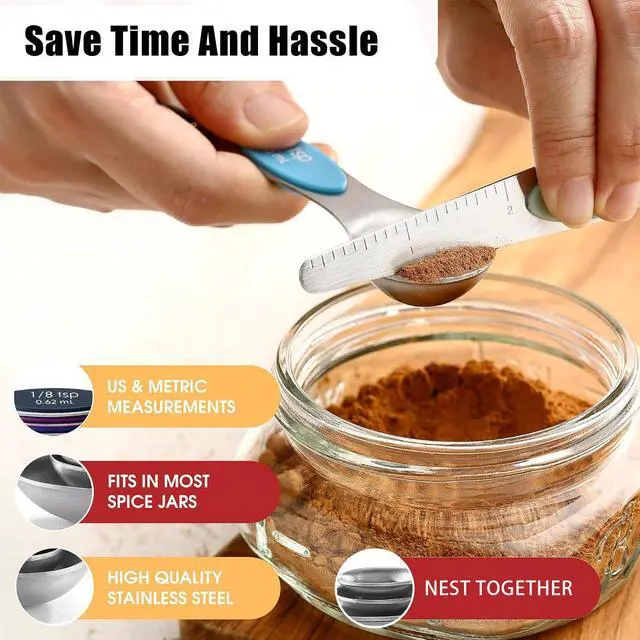 Alt view image 4 of 7 - 8-Piece Measuring Magnetic Spoons Set with Leveler - Stainless Steel for Measuring Dry and Liquid Ingredients, Double Ended, Stackable & Nested Fits in Kitchen Spice Jars for Baking & Cooking